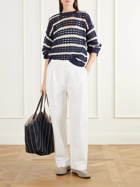 Image of a model wearing Outerwear. Product name - Striped Open-knit Cotton Sweater in Navy colour by brand - Brunello Cucinelli