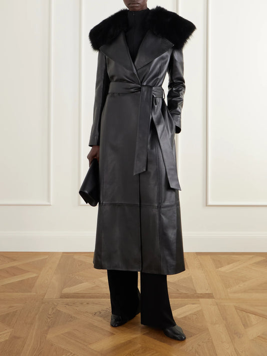 Image of Coats & Jackets. Product name - Rosa Belted Paneled Shearling-trimmed Leather Wrap Coat in Black colour by brand - TOVE