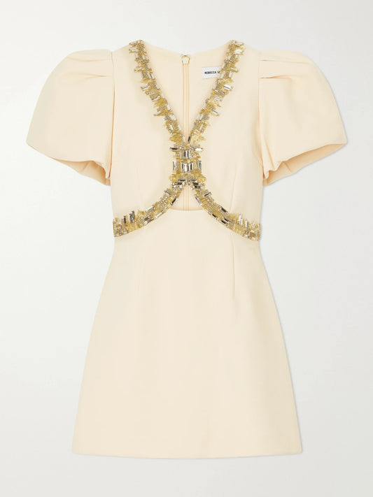 Image of Dresses. Product name - Alexandrite Embellished Cady Mini Dress in Pastel yellow colour by brand - Rebecca Vallance