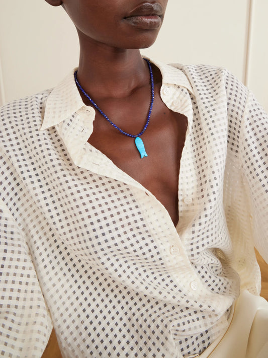 Image of Necklaces. Product name - Elva Bead-embellished Pendant Necklace in Azure colour by brand - Jennifer Behr