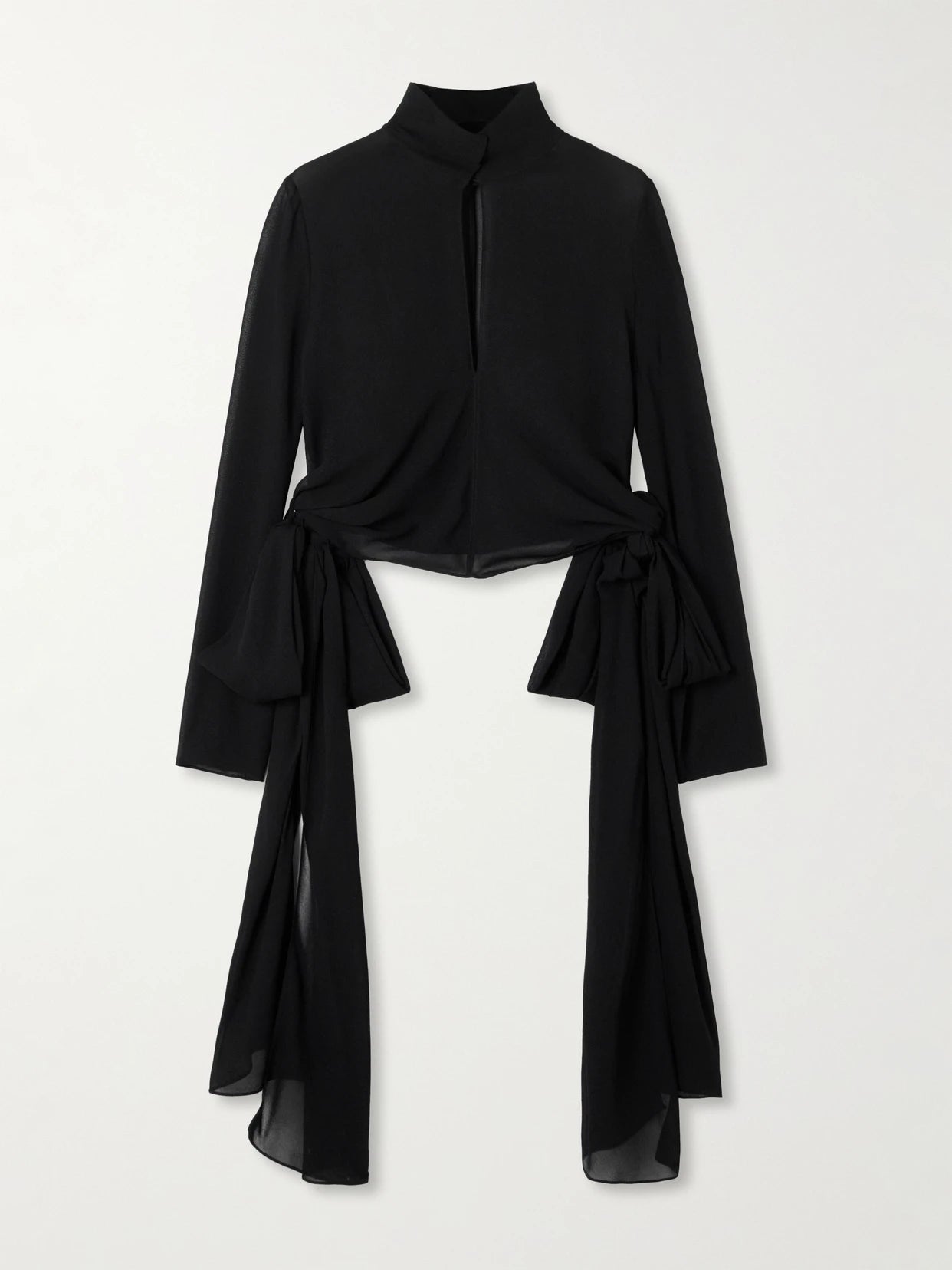 Image of a model wearing Tops. Product name - Knotted Crepe De Chine Blouse in Black colour by brand - Alaïa