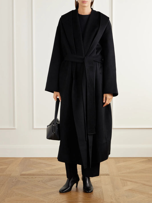 Image of Coats & Jackets. Product name - Belted Wool-doublé Wrap Coat in Black, Gray colour by brand - TOTEME