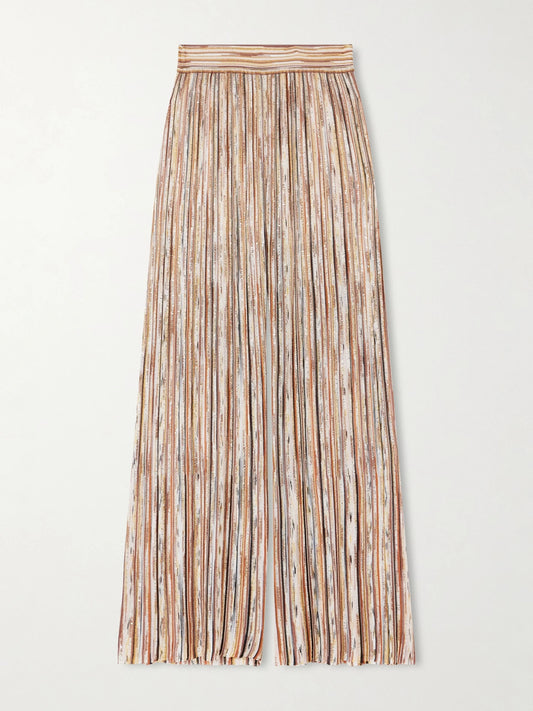 Image of a model wearing Pants. Product name - Mare Embellished Metallic Crochet-knit Wide-leg Pants in Brown colour by brand - Missoni