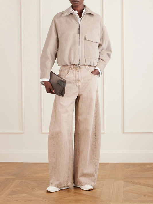 Image of Coats & Jackets. Product name - Embellished Padded Cotton-blend Corduroy Bomber Jacket in Beige colour by brand - Brunello Cucinelli