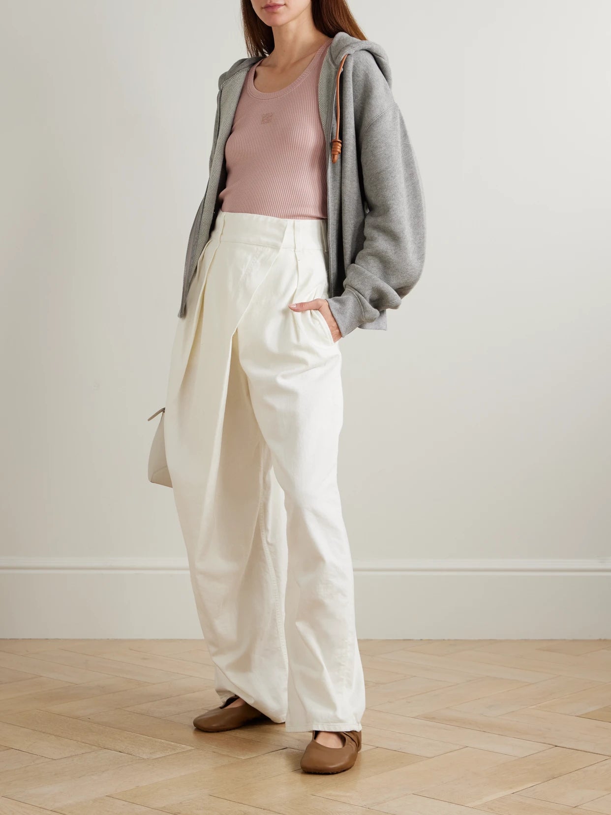 Image of Sleepwear & Loungewear. Product name - Flamenco Leather-trimmed Cotton-blend Jersey Hoodie in Gray colour by brand - LOEWE