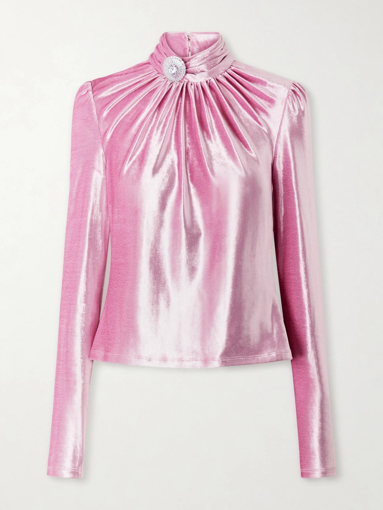 Image of a model wearing Tops. Product name - Crystal-embellished Gathered Velvet Turtleneck Blouse in Bright pink colour by brand - RABANNE