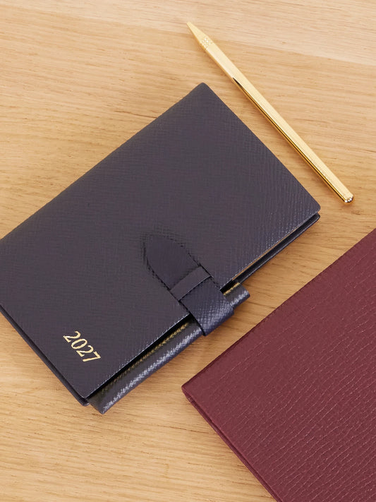 Image of Decor. Product name - Pastegrain 2027 Panama Textured-leather Diary With Pencil in Navy colour by brand - Smythson