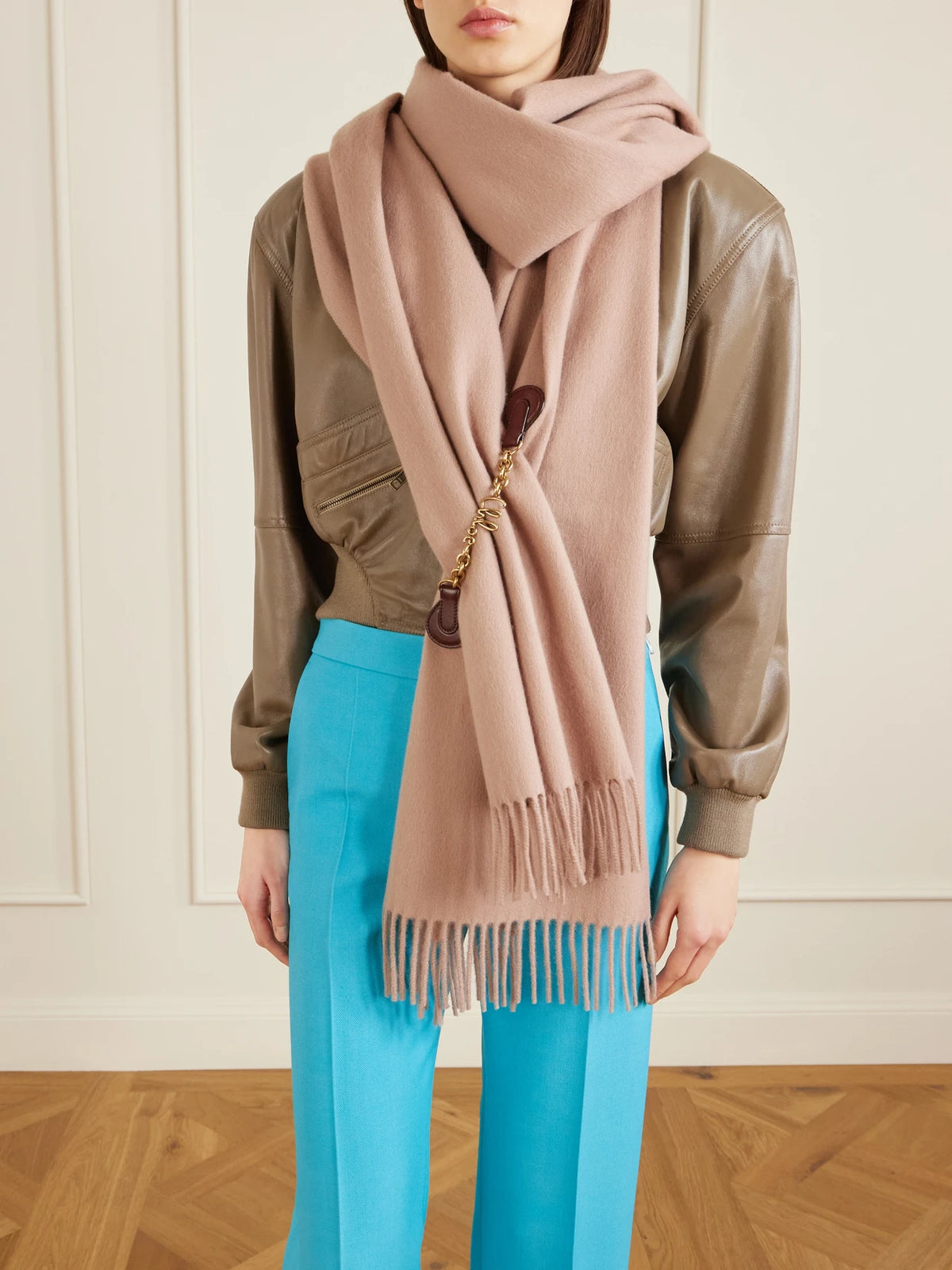Image of Scarves & Shawls. Product name - Fringed Embellished Leather-trimmed Wool Scarf in Blush colour by brand - Chloé
