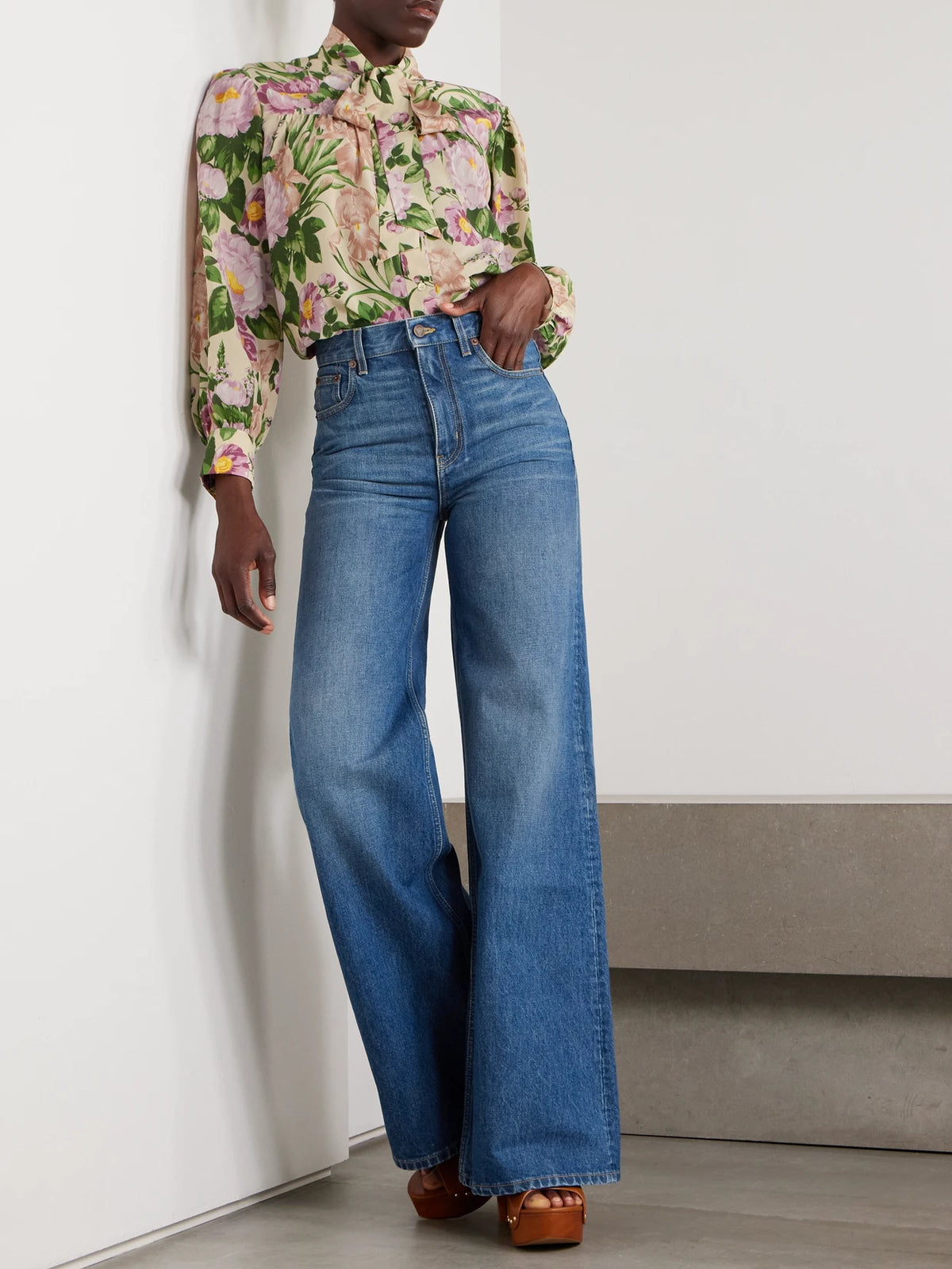 Image of Jeans. Product name - High-rise Wide-leg Jeans in Mid denim colour by brand - Chloé