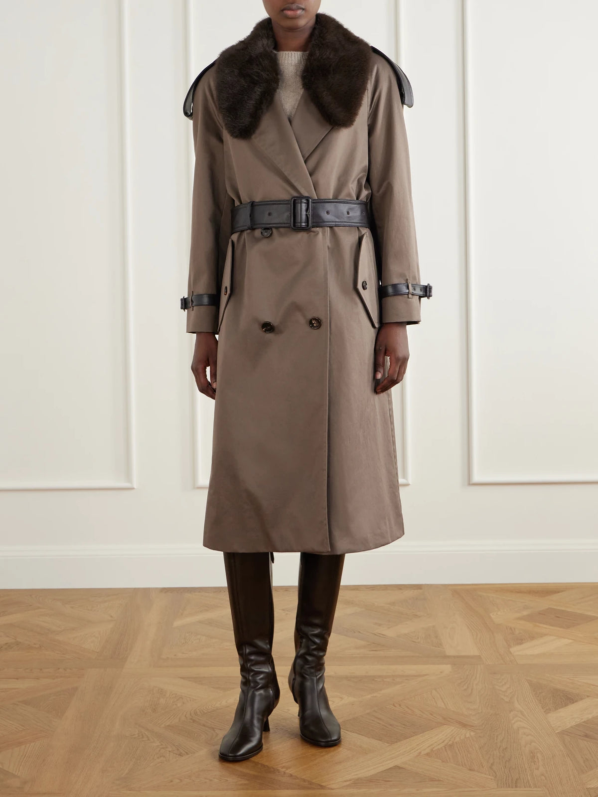 Burberry Leather And Plush-trimmed Cotton-gabardine Trench Coat