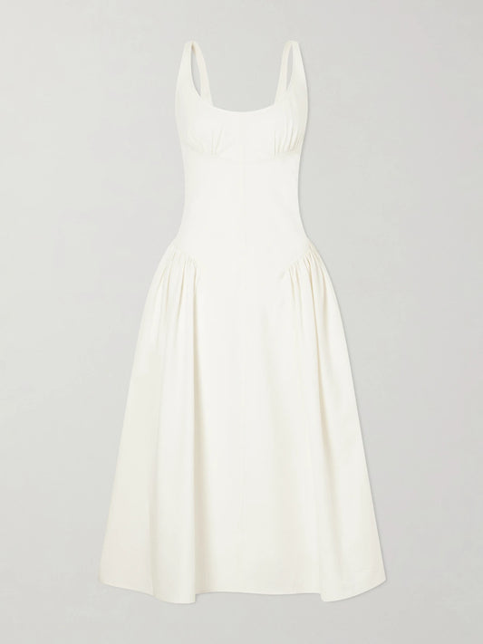 Image of Dresses. Product name - Solira Seersucker Midi Dress in Off-white colour by brand - Proenza Schouler White Label