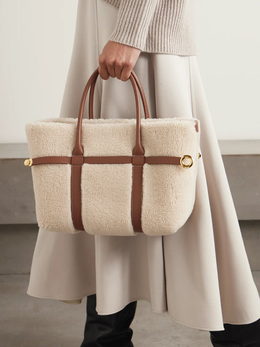 Image of Bags. Product name - Ghiera Small Leather-trimmed Cashmere And Silk-blend Fleece Tote in Cream colour by brand - Loro Piana