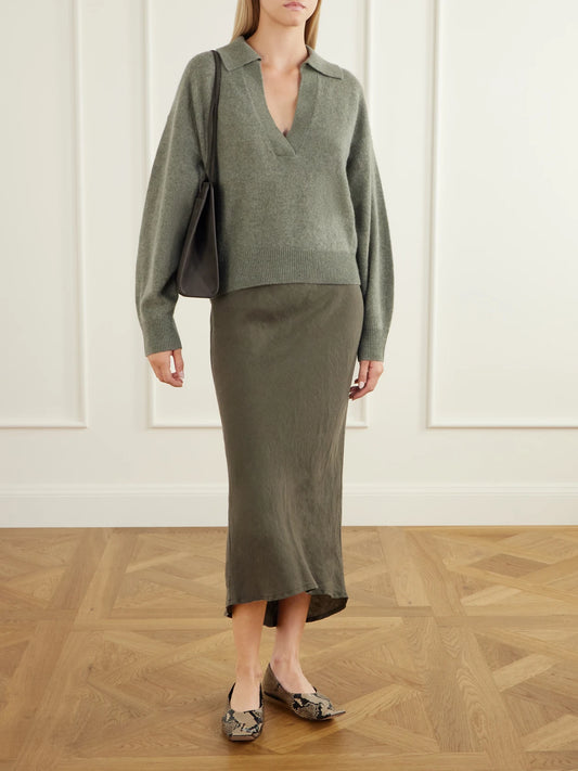 Image of a model wearing Outerwear. Product name - Jacksob Cropped Cashmere Sweater in Leaf green colour by brand - Le Kasha