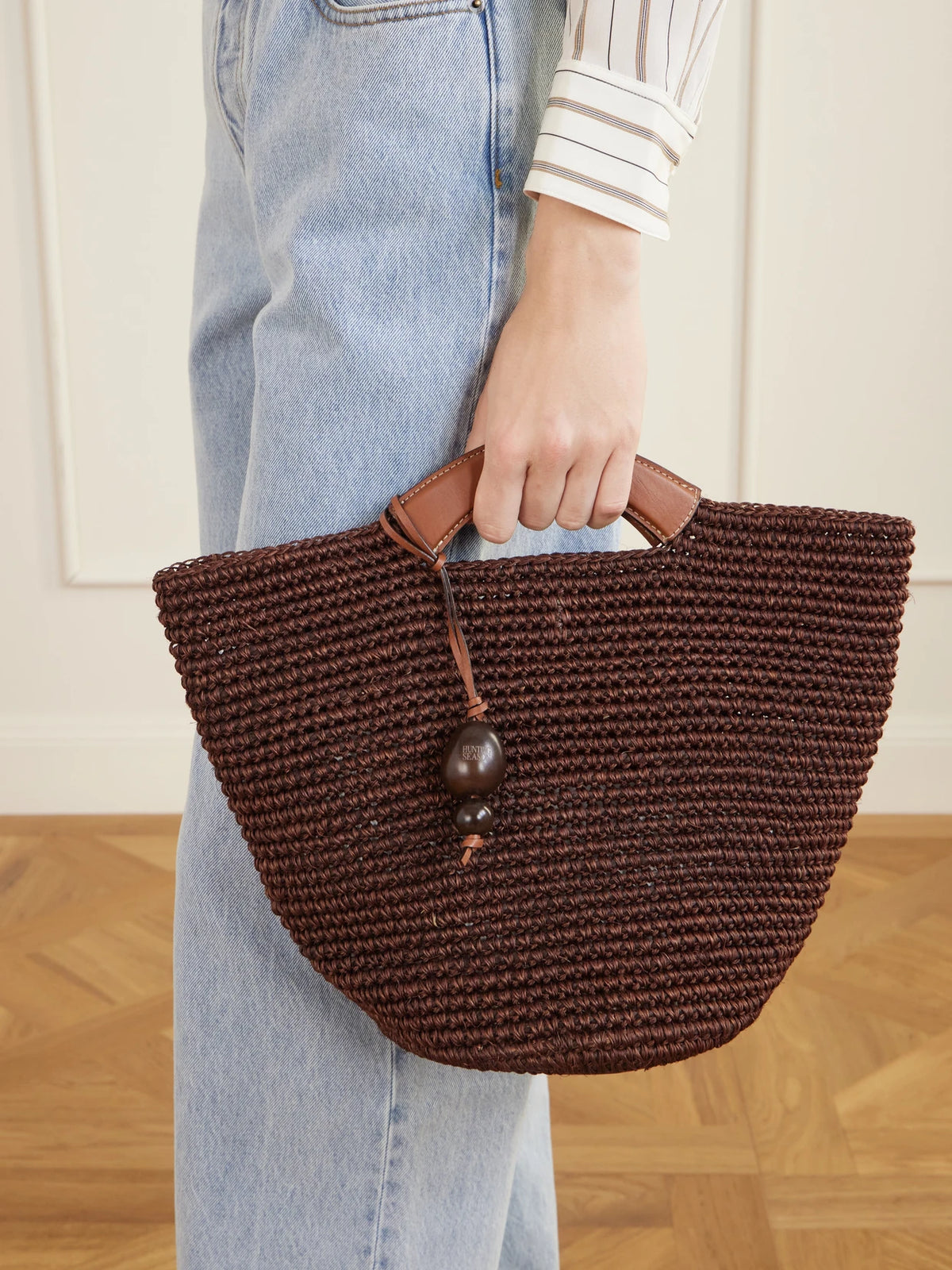 Image of Bags. Product name - Shopper Large Leather-trimmed Woven Raffia Tote in Dark brown colour by brand - Hunting Season