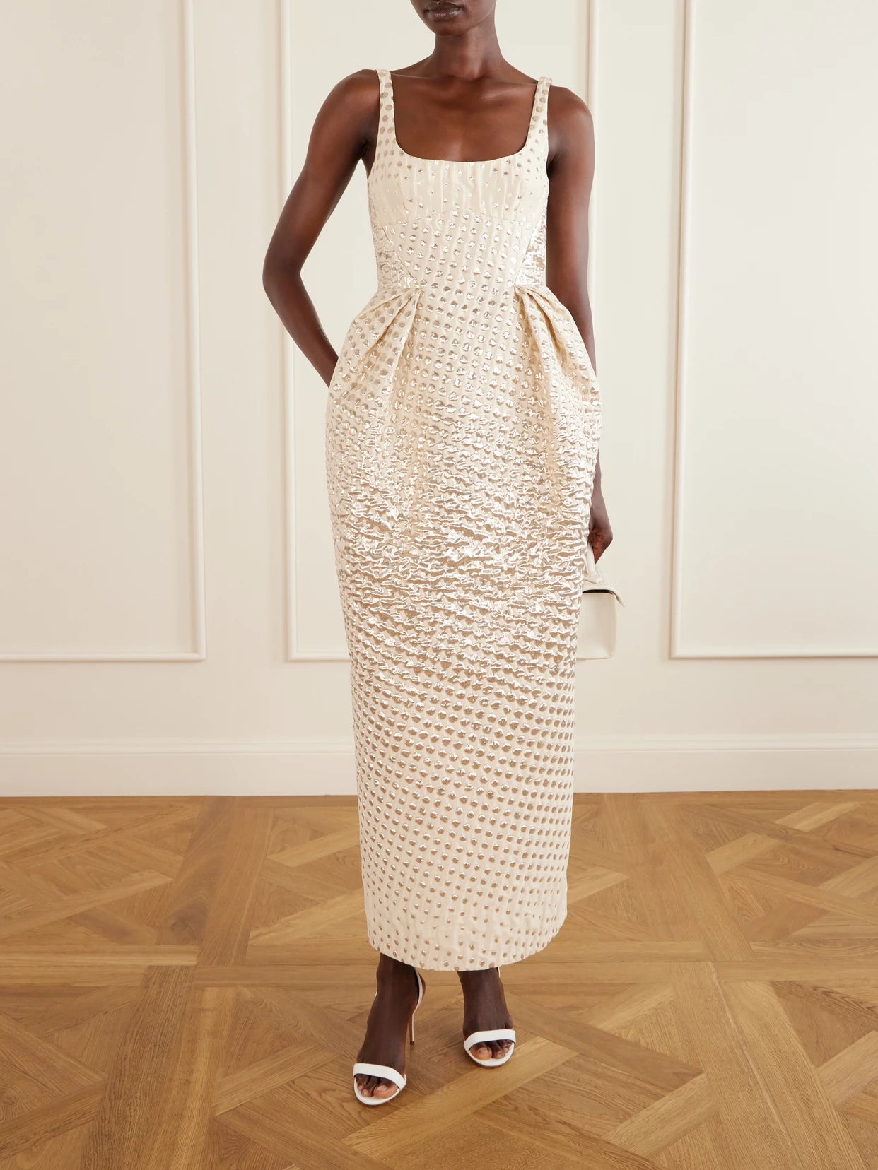Image of Dresses. Product name - Metallic Jacquard-woven Gown in Cream colour by brand - Christopher John Rogers