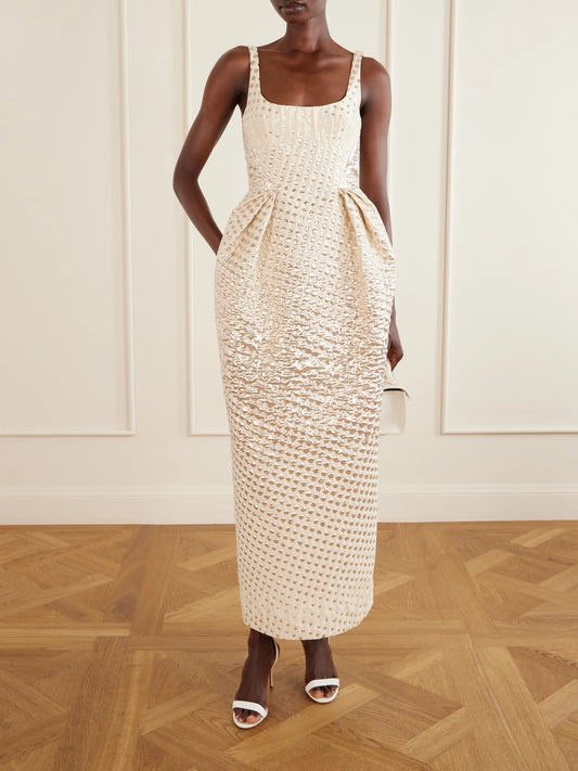 Image of Dresses. Product name - Metallic Jacquard-woven Gown in Cream colour by brand - Christopher John Rogers