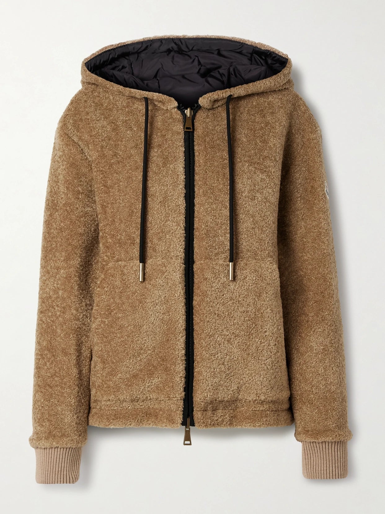 Image of a model wearing Outerwear. Product name - Reversible Fleece And Shell Zip-up Hoodie in Brown colour by brand - Moncler