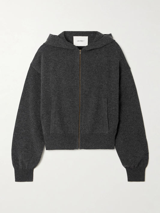 Image of a model wearing Outerwear. Product name - Ilie Cashmere Hoodie in Gray colour by brand - LISA YANG