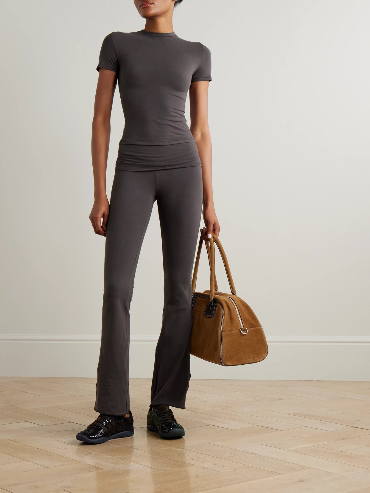 Image of Sleepwear & Loungewear. Product name - Stretch-cotton Jersey Foldover Pants - Iron in Dark gray colour by brand - SKIMS