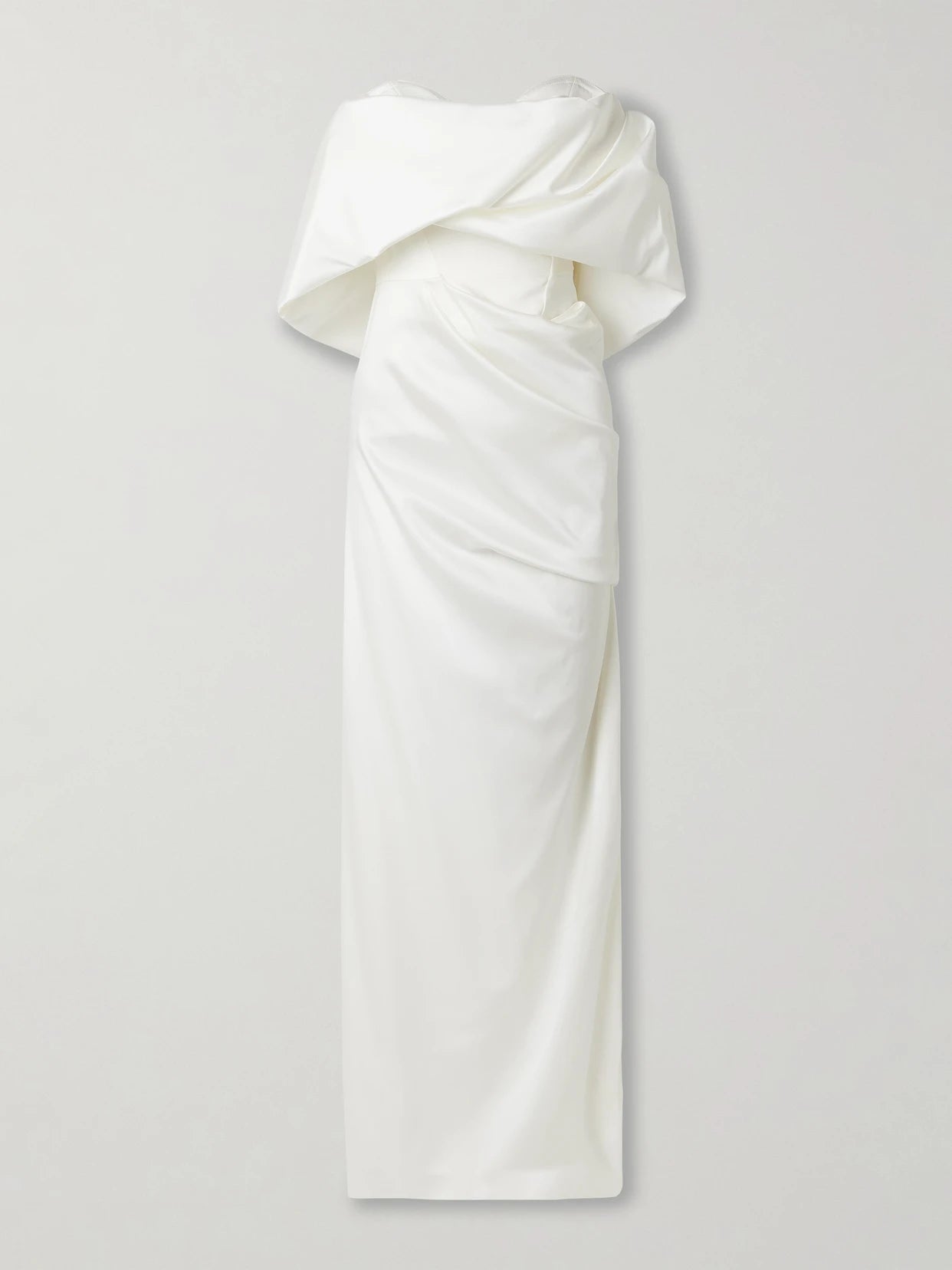 Image of Dresses. Product name - Sybyl Off-the-shoulder Draped Satin Gown in Ivory colour by brand - Vivienne Westwood