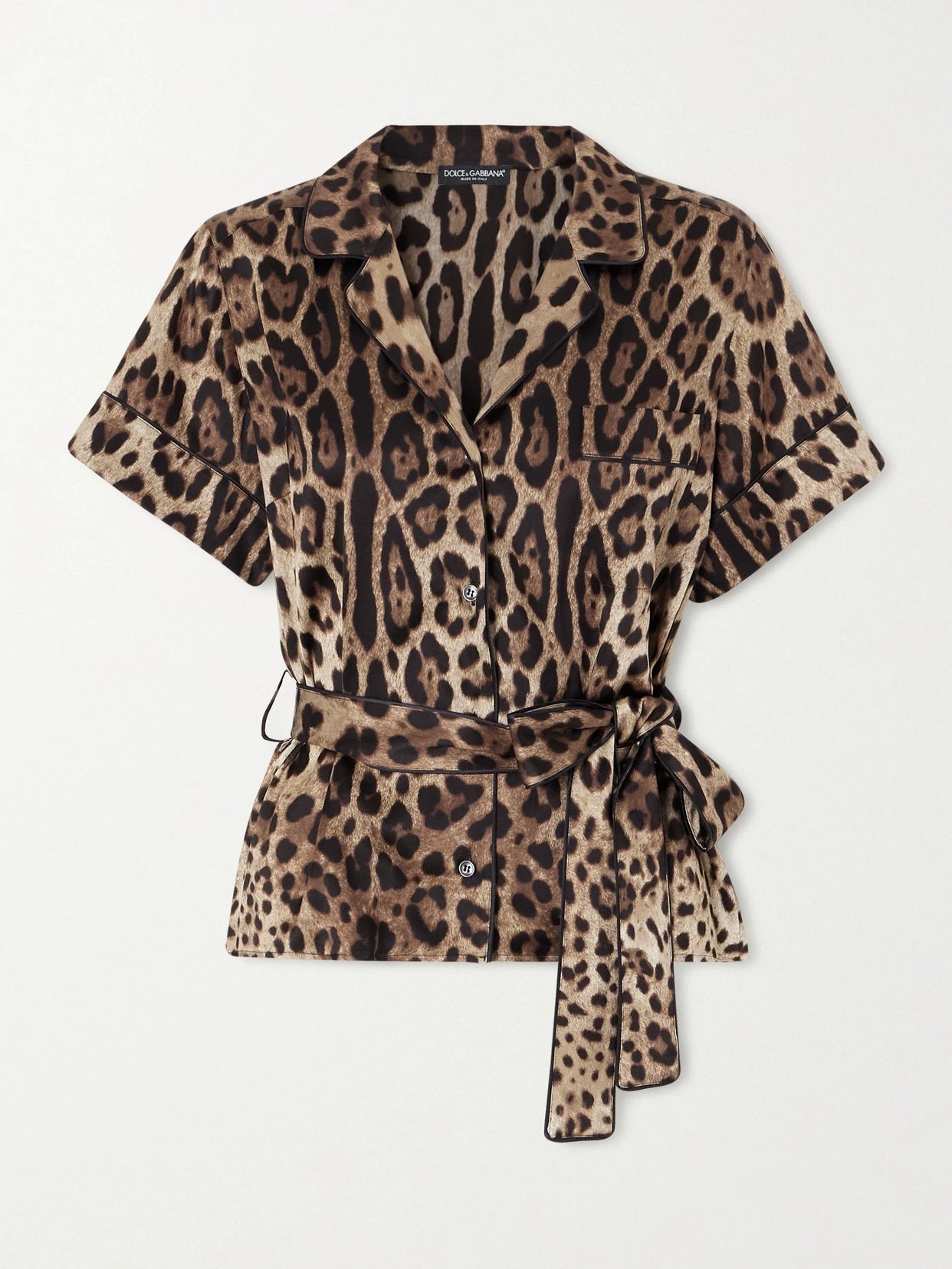 Image of a model wearing Tops. Product name - Belted Piped Leopard Print Silk-blend Satin Shirt in Multi colour by brand - Dolce & Gabbana