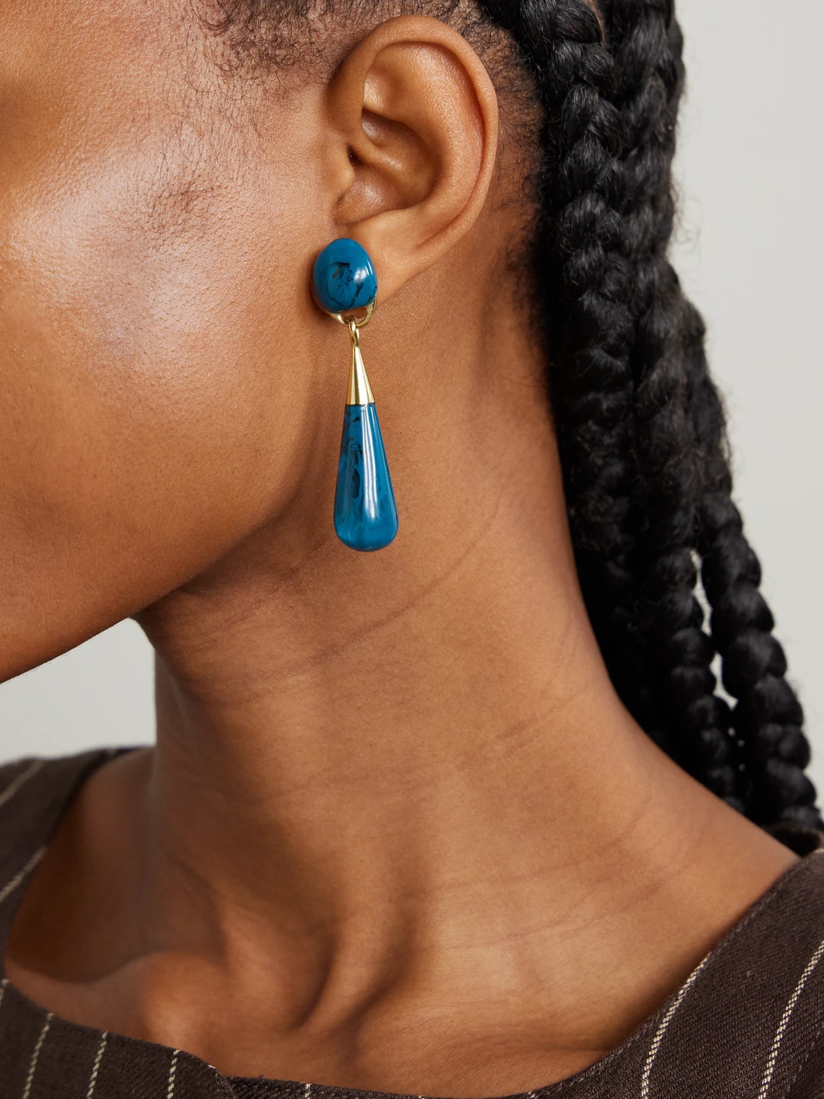 Image of Earrings. Product name - Dew Drop Medium Gold-tone And Resin Earrings in Teal colour by brand - Dinosaur Designs