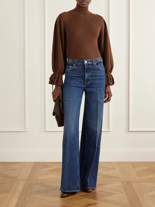Image of Jeans. Product name - The Stretch Valory Flare High-rise Jeans in Mid denim colour by brand - Ulla Johnson