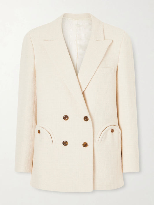 Image of Coats & Jackets. Product name - Missy Everynight Cotton-blend Tweed Blazer in Cream colour by brand - BLAZÉ Milano