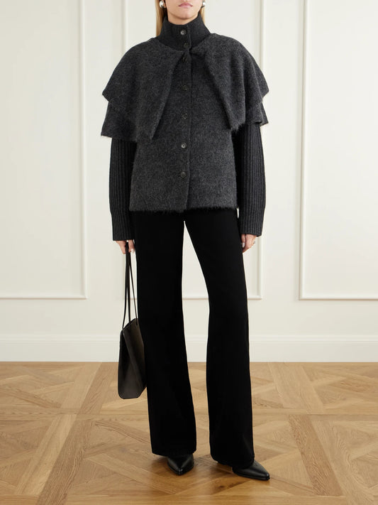 Image of a model wearing Outerwear. Product name - The Wrap Alpaca-blend Cardigan in Dark gray colour by brand - FRAME