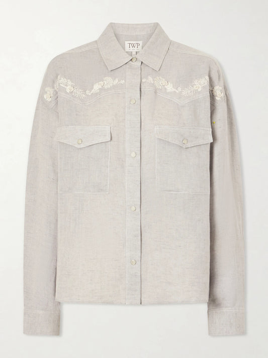 Image of a model wearing Tops. Product name - Western Embroidered Hemp Shirt in Light gray colour by brand - TWP