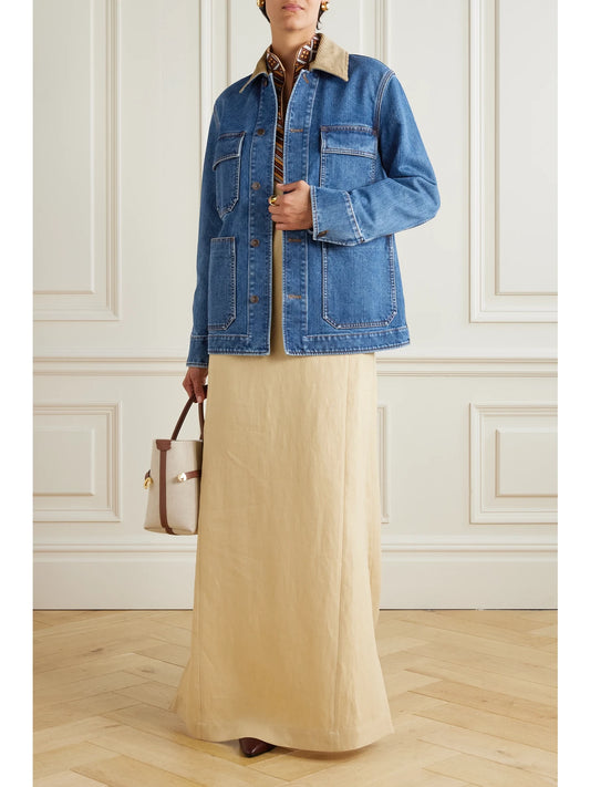 Image of Coats & Jackets. Product name - Dean Corduroy-trimmed Denim Jacket in Dark denim colour by brand - Loro Piana