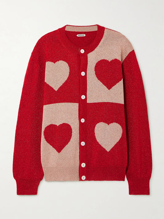 Image of a model wearing Outerwear. Product name - Two-tone Lamé Cardigan in Red colour by brand - BODE