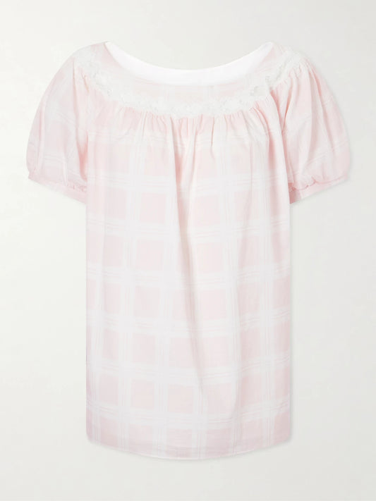 Image of Blouses. Product name - Marilyn Lace-trimmed Checked Cotton Blouse in Pink colour by brand - Posse