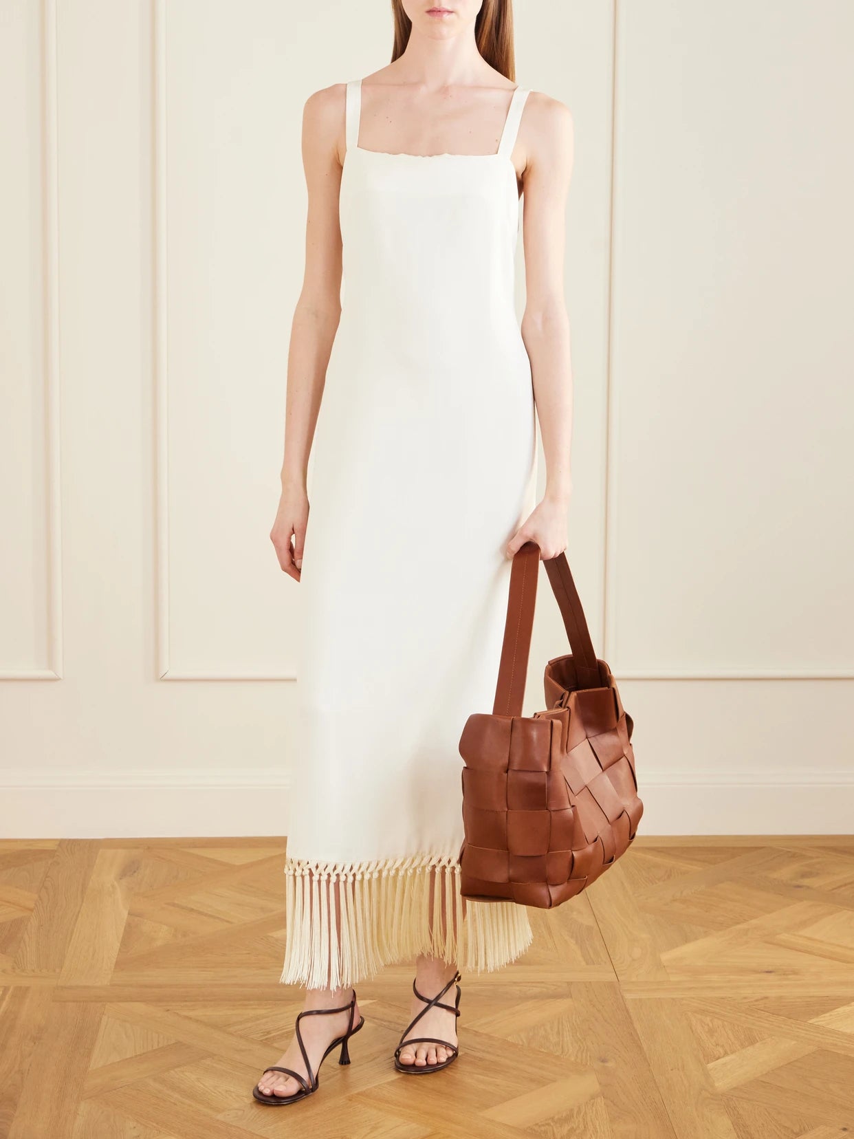 Image of Dresses. Product name - Palermo Fringed Crepe Midi Dress in Cream colour by brand - Taller Marmo