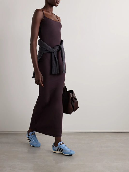 Image of Dresses. Product name - Soft Lounge Ribbed Long Stretch-modal Slip Dress - Phoenix in Brown colour by brand - SKIMS
