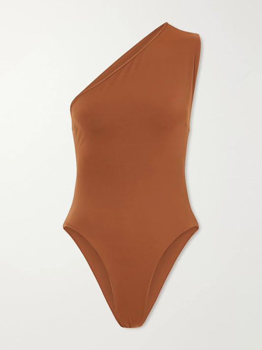Image of Swimwear. Product name - Luisa One-shoulder Asymmetric Swimsuit in Brown colour by brand - Haight