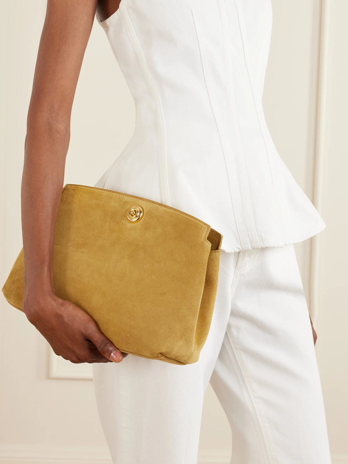 Image of Bags. Product name - Pushlock Suede Clutch in Sand colour by brand - Liffner