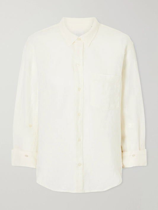 Image of a model wearing Tops. Product name - Kayla Shrunken Linen Shirt in Cream colour by brand - Citizens of Humanity