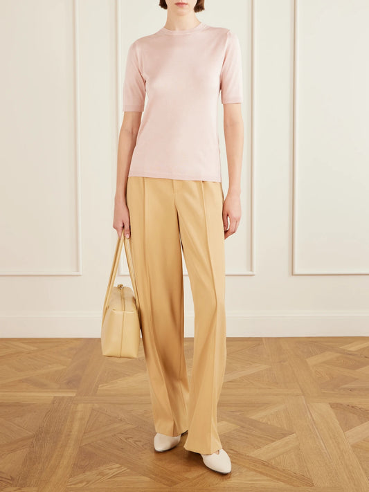 Image of a model wearing Outerwear. Product name - Maceti Cashmere And Silk-blend Sweater in Blush colour by brand - Max Mara