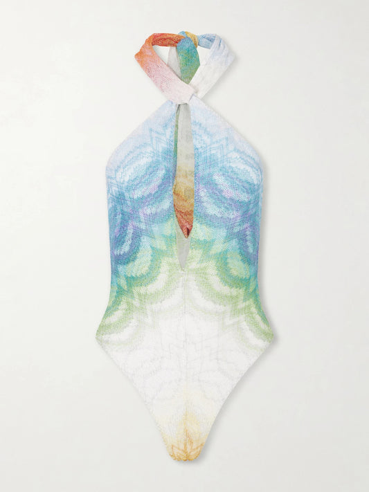 Image of Swimwear. Product name - Halterneck Metallic Crochet-knit Swimsuit in Blue colour by brand - Missoni