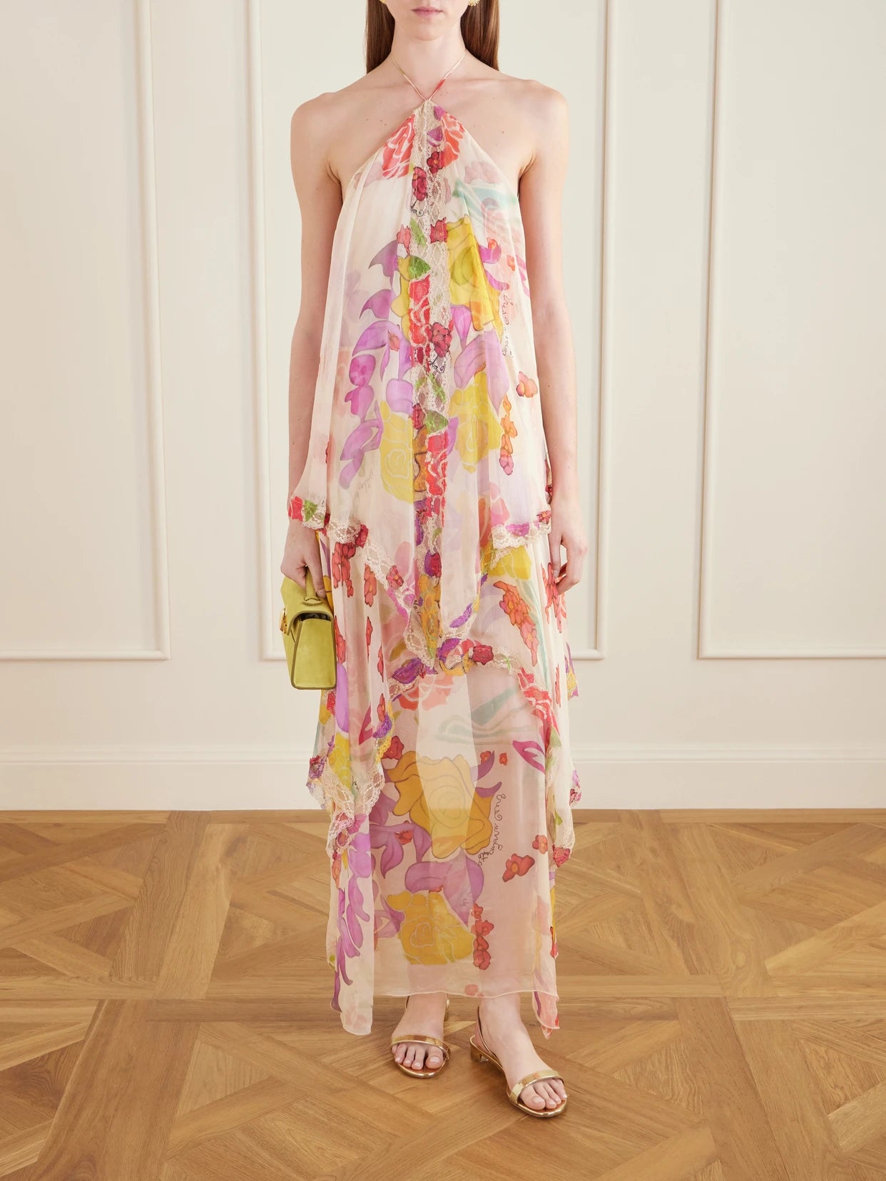 Image of Dresses. Product name - Flores Ruffled Asymmetric Lace-trimmed Silk-chiffon Halterneck Maxi Dress in Multi colour by brand - Donde Esteban