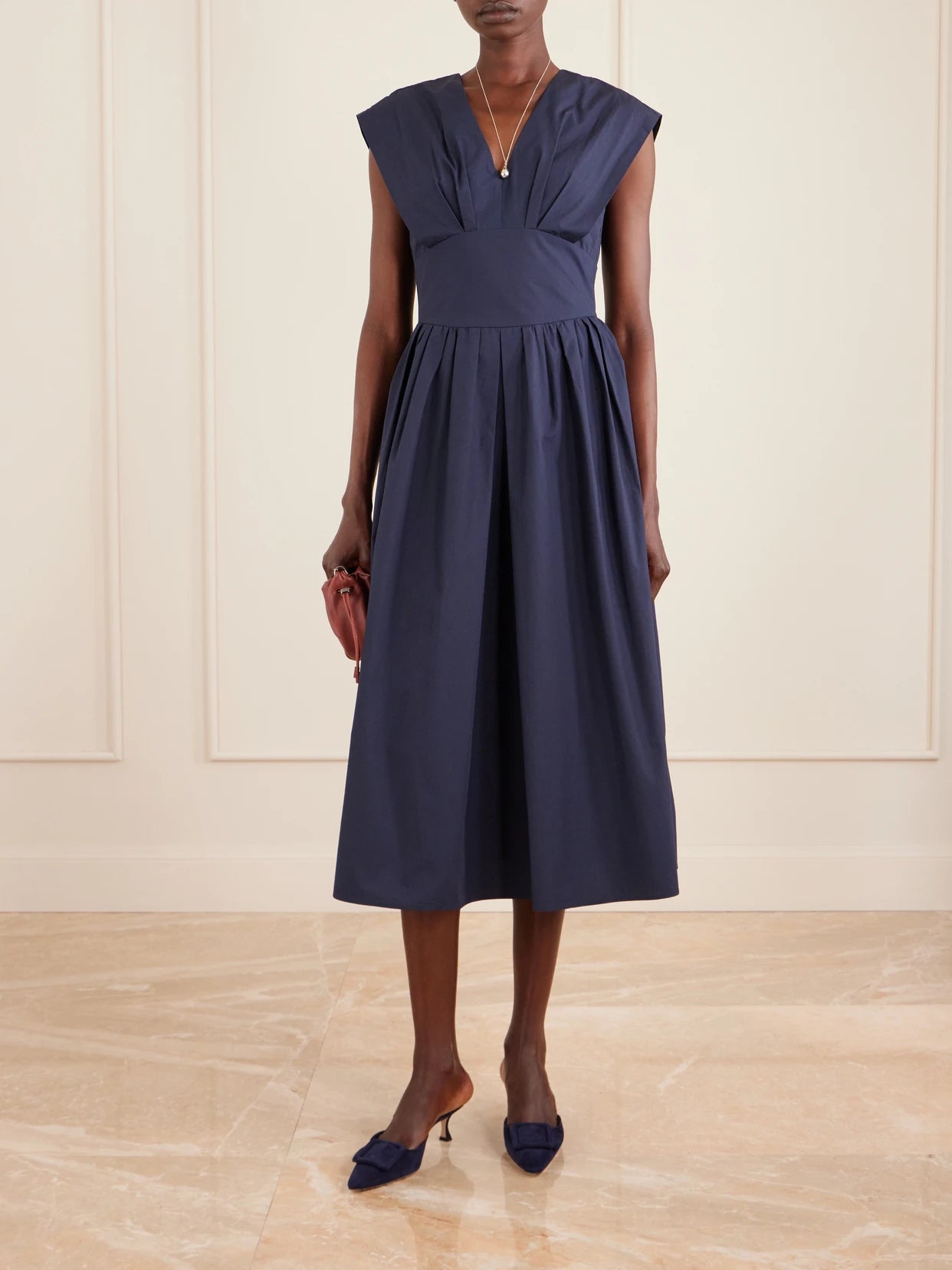 Image of Dresses. Product name - In Full Bloom Gathered Cotton-taffeta Midi Dress in Navy colour by brand - Rosie Assoulin