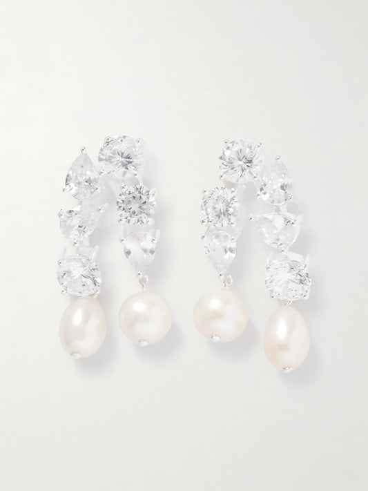 Cascading Recycled Silver, Cubic Zirconia And Pearl Earrings