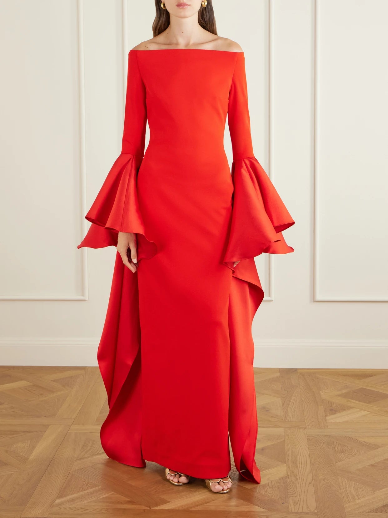 Image of Dresses. Product name - Astria Draped Satin-trimmed Crepe Gown in Red colour by brand - Solace London