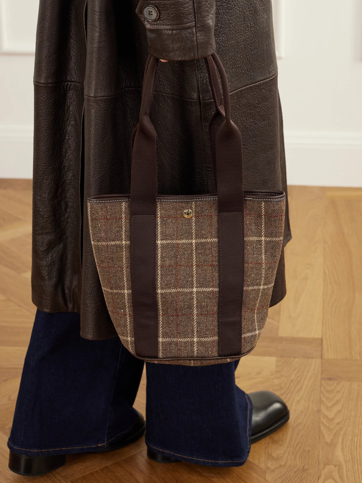 Image of Bags. Product name - Bucket Checked Webbing And Leather-trimmed Wool-tweed Tote in Brown, Midnight blue colour by brand - RUE de VERNEUIL