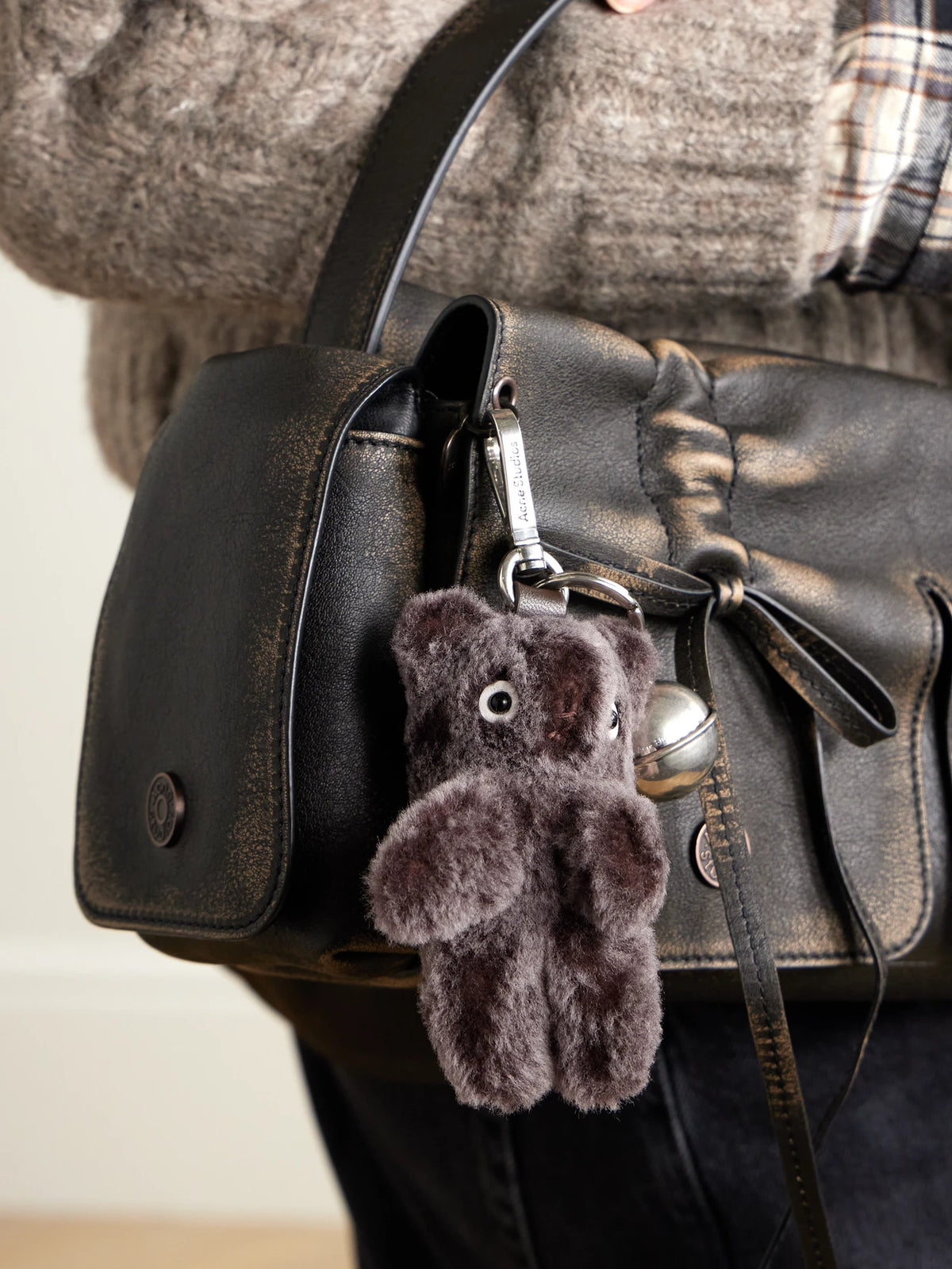 Image of Keychains. Product name - Silver-tone Leather-trimmed Shearling Keychain in Brown colour by brand - Acne Studios