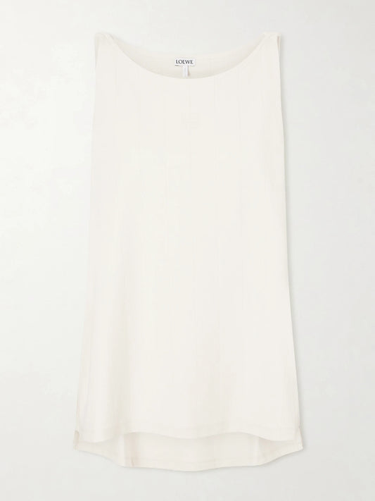 Image of a model wearing Tops. Product name - Anagram Embroidered Ribbed-knit Tank Top in Cream colour by brand - LOEWE