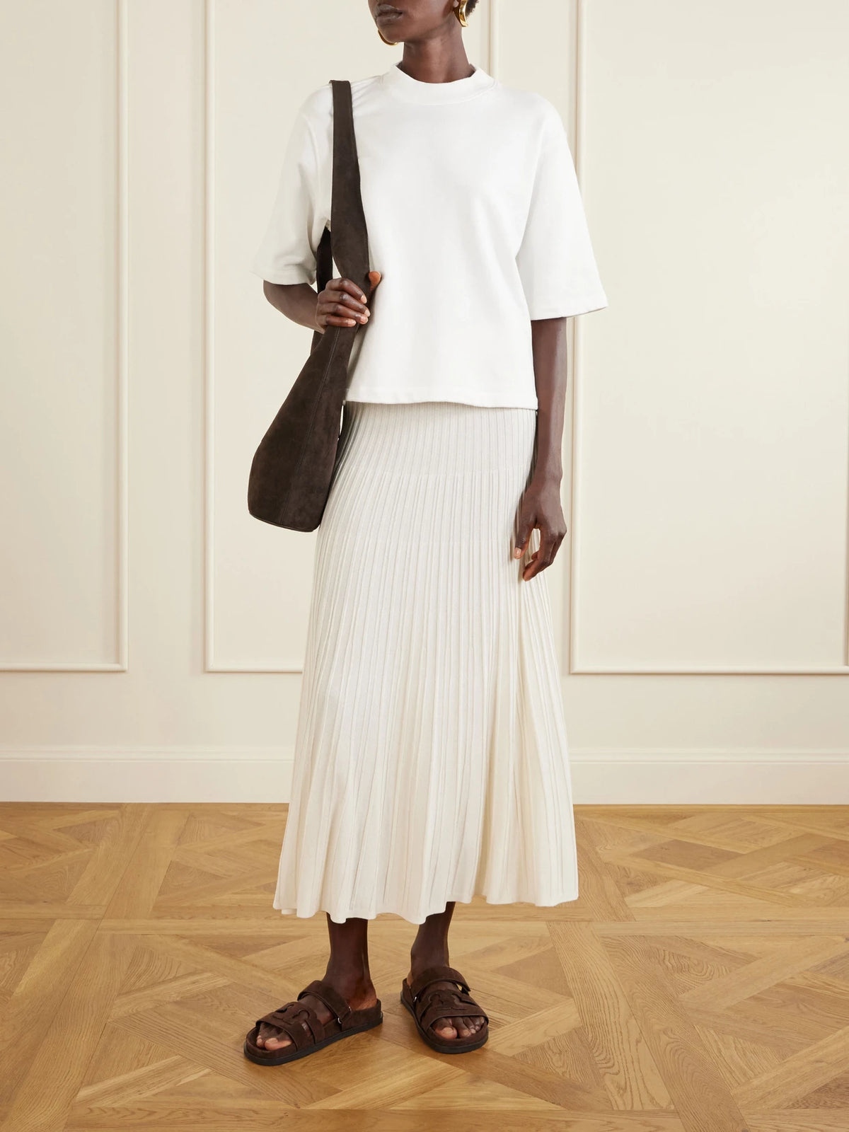 Image of Sandals. Product name - Ines Suede Slides in Brown colour by brand - Tory Burch