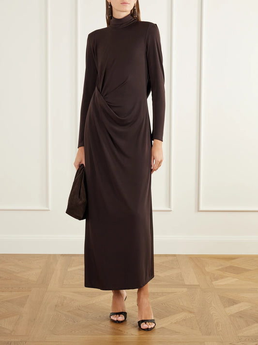 Image of Dresses. Product name - Bloom Secret Draped Gathered Stretch-jersey Maxi Dress in Chocolate colour by brand - Johanna Ortiz