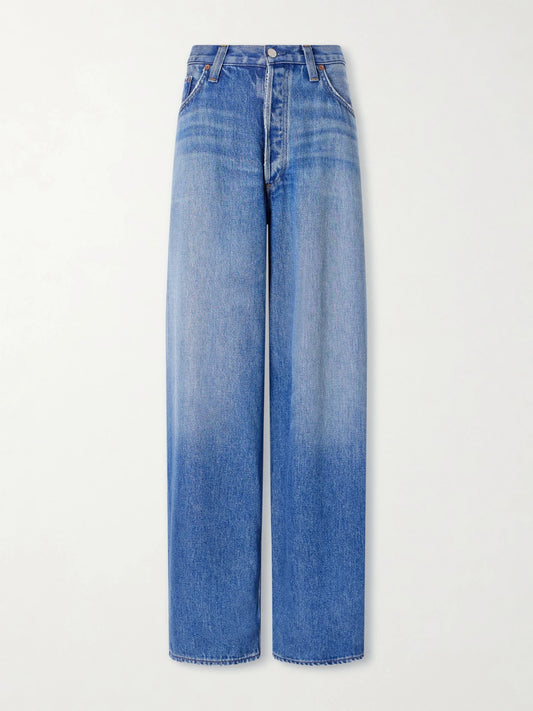 Image of Jeans. Product name - The Rounded Baggy Mid-rise Wide-leg Pants in Mid denim colour by brand - AGOLDE